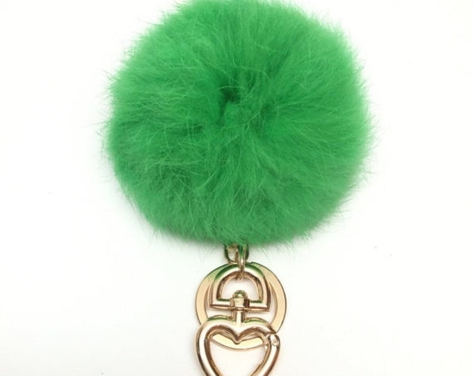 Heart Fur Pompom Keychain Rabbit Fur Ball Bag Green