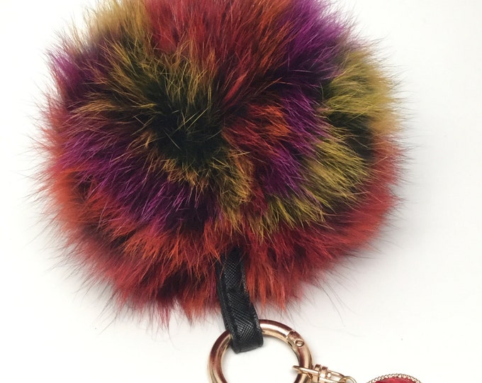 Luxury Oversized Genuine Fox Fur Pom Pom Keychain Bag Pendant Multicolor frost 14 cm diameter