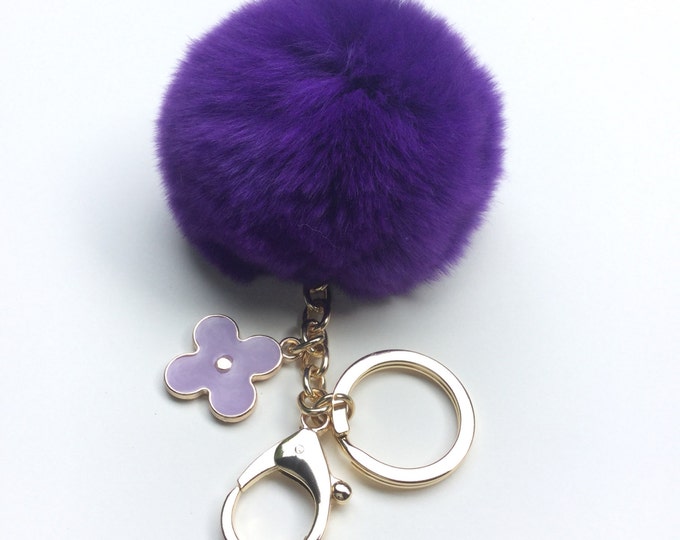 Deep Purple fur pom pom keychain REX Rabbit real fur puff ball with flower bag charm keyring