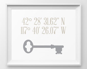 Our First Home Skeleton Key Latitude Longitude Housewarming Gift For Couple New Homeowner Gift House Warming Gift Address Sign First Home