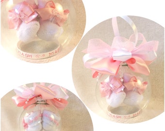 Baby's First Christmas Ornament Gift for Girl - Personalized Ball Ornament with Floating Baby Booties - Pink Lace and Pearls