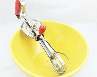 Hand Held Mixer 12", Vintage Kitchen Egg Beater, Crank Red Hand Mixer, Rustic Kitchen Utensil