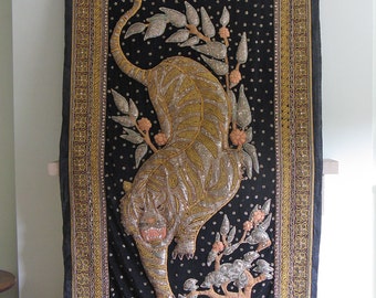 Asian Gilt-Embroidered Textile Wall Hanging of Tiger