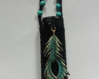 Minty green and black, handmade crochet lightercozy.