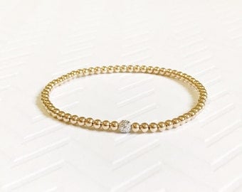 Tiny beads bracelet with white gold bead/ gold beaded bracelet / petite gold bracelet / dainty bracelet