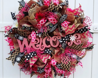 Pink Welcome Wreath, Burlap Welcome Wreath, Pink Deco Mesh Wreath, Deco Mesh Welcome Wreath, Mother's Day Wreath, Hot Pink Wreath