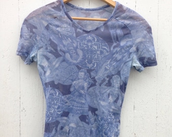 Vintage 90s Rare Mesh Crop Top Tee Indian Hindu Gods Goddess Blue Size XS Grunge Rave club kid Kawaii