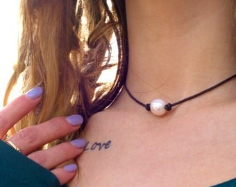 Pearl on leather; two-pearl clasp; pearl choker; freshwater pearl; single pearl choker; Greek Leather; handmade Oregon