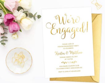 Gold Engagement Invitation, White and Gold Engagement Party Invitation, Printable Engagement Party Invite, Faux Gold Foil Invitation GFWF