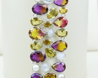 Top Quality! Rare Sunset Mystic Topaz Pearl Moonstone Citrine 925 S0LID Sterling Silver Bracelet B2670