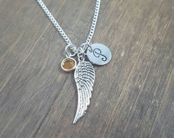 Guardian Angel Wing Necklace - Hand stamped Monogram Angel Wing Necklace - Initial, Birthstone Necklace - Infant Loss Necklace - Remembrance
