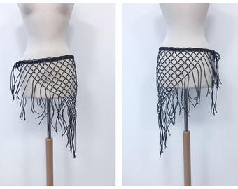 Vintage 1980s black net hippie boho fringe hip belt