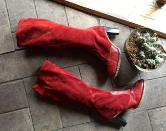 Vintage 60s-70s Red Suede Go Go Boots//Tall retro leather riding boots// size 7.5