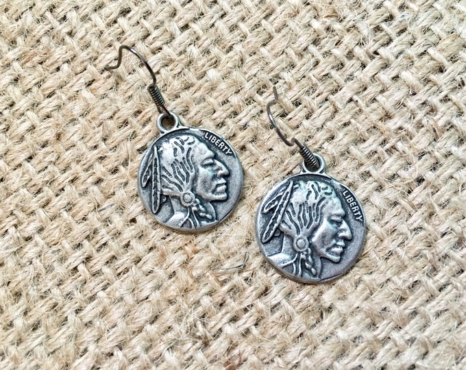 Replica Coin Earrings, Native American Head Earrings, Indian Nickel Drops, Buffalo Nickel Drops, Cowgirl Earrings, Buffalo Nickel Earrings