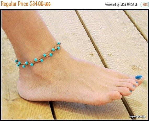 Free Shipping - Ladies Ankle Bracelet, Leather Beach Jewelry, Turquoise Anklet, Leather Ankle Bracelet, Foot Jewelry, BFF Gift, Festival Jew
