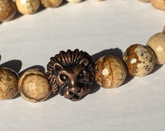 Lion Mens Bracelet,Natural Jasper 8mm,Brown Round Beads,Gemstone Leo Lion,Gift for Him,Mens Jasper Beads,Lion King Leo Gift,Harmony Bracelet