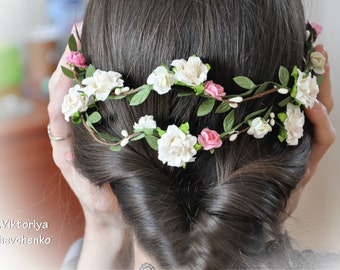 Flower Hair Garland Bridal flower crown Wedding Hair Flowers Head Wreath Flower Crown Cherry Blossoms White Bridal Wreath Floral Hair LV12