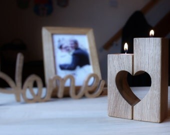 Heart Candle holders - 2 oak wood candle holders - oak tealight holders