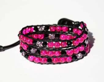 birthday gift ideas Pink Black bracelet Wrap bracelet cord bracelet handmade bracelet hot pink bracelet triple wrap bracelet Womens bracelet