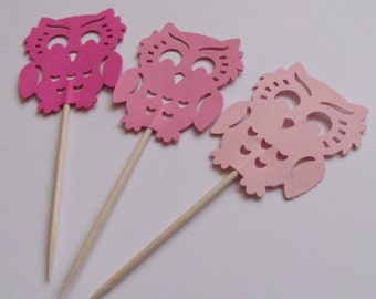 12 Pink Owl Cupcake Toppers, Baby Girl Shower Cupcake Toppers, Woodland Cupcake Toppers, Woondland Party, Owl Foodpicks, Woodland Birthday