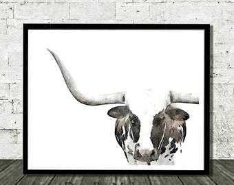 Longhorn Print, Longhorn Art, Longhorn Painting, Longhorn, Cow Print, Nursery Decor, Animal Print, Prints For Nursery, Digital Download