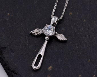 Sterling Silver Guardian Angel Design Pendant Necklace with a Sparkly CZ Crystal 18''- z62
