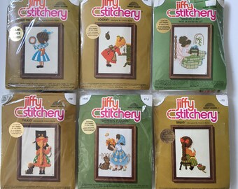 Jiffy Stitchery vintage old stock, 6 crewel embroidery kits. 5" x 7".