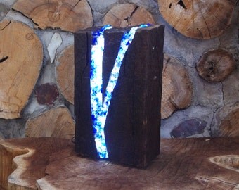 BLUE LED Table Lamp Made from Recycled Wood & Glass -- Unique Accent Lamp for any Decor. It's a Remarkable Eye Catcher
