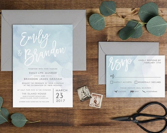 Dusty Blue Watercolor Wedding Invitation // Digital or Printed //