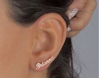 Gold Name Earring, 585 solid gold name earring, personalized 14k solid Rose Gold name earring, 585 solid Yellow Gold name earring