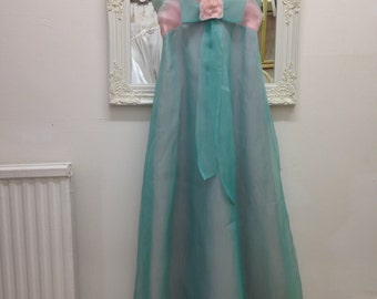 Pretty mint green and baby pink vintage prom bridesmaid dress matching shawl boho bohemian floaty chiffon party Ball gown 1950s 1960s Small
