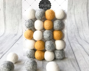 Stone and Co Felt Ball Pom Pom Garlands 20 x 2.5cm Balls in Natural Grey, Mustard, White For Nursery, Bedrooms, Decorations,