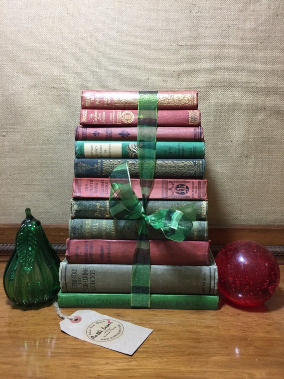Xmas GREEN and Red Vintage Book Collection - Old Books Decoration - Foot Long 11-13 Shelf Staging - Xmas Home Decor - Custom Sourced Books