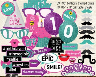Photo Booth Props, HAPPY 10TH BIRTHDAY, printable sheets, instant download, purple, pink, teal, turquoise