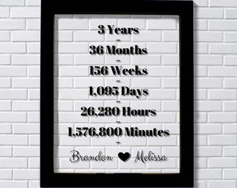 3 Year Anniversary Frame - Custom Names - Floating Frame - Anniversary Gift - Three Years Anniversary - Months Weeks Days Hours Minutes