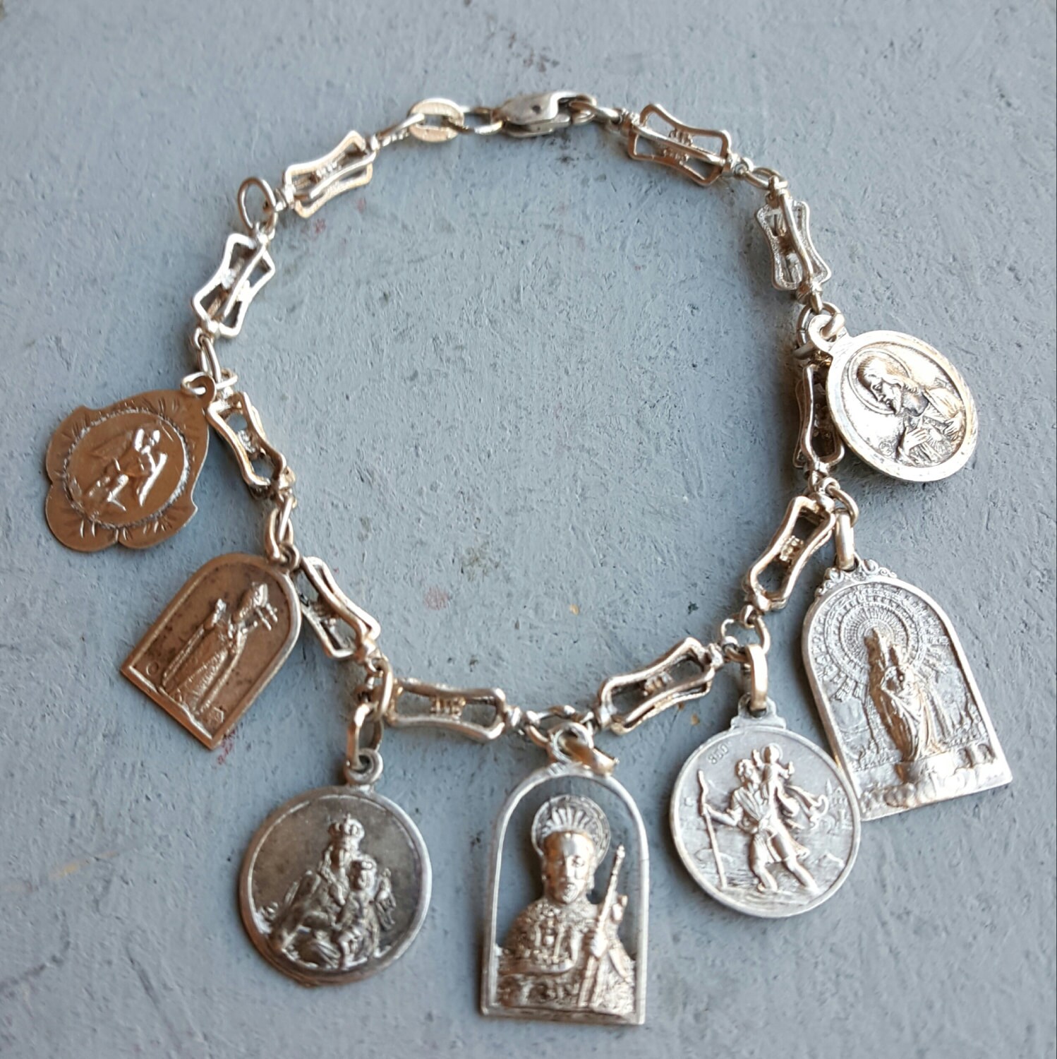 Vintage Spanish Sterling Silver Multi Medal Charm Bracelet