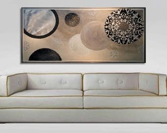 Original abstract painting, silver-gray-pearl Galaxy wall painting on canvas, large modern art with shimmering elements and heavy textures