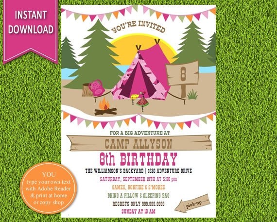 Girl's Camping Birthday Invitation | Camping Invitation, Camping Party ...