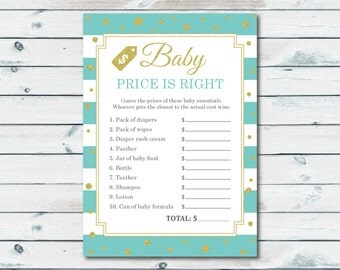 Price Is Right Baby Shower Game Printable, Mint And Gold Confetti Baby Shower Game , The Price Is Right, Guess The Price, Glitter Polka Dots
