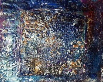 10x10 Encaustic painting in Blues and Purples.
