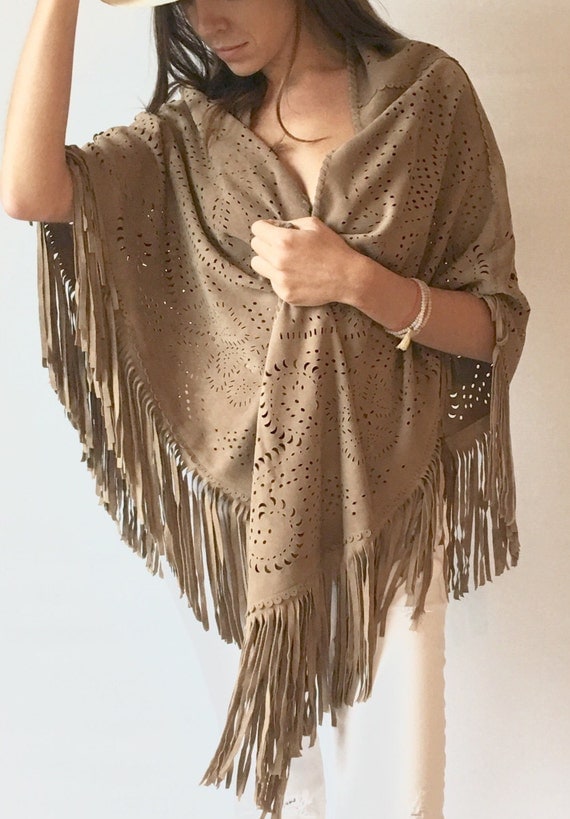 Pure suede leather shawl natural beige