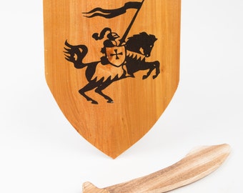 Wooden Sword and Shield Set; Knight on a horse set, Toy sword and shield; Children toys, handmade wooden toy set, Gift; Wooden Toy Set