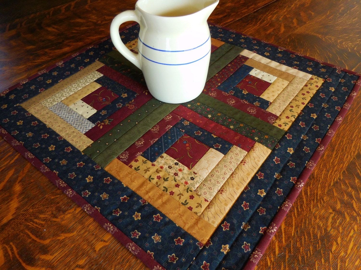 Log Cabin Small Handmade Quilt/Table Topper in warm fabric