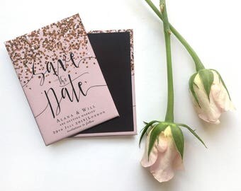 Save the Date Magnet - Elegant Rose Gold Sparkle and Blush Pink - Glitter Effect