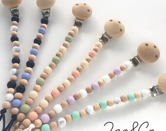 Dummy clip pacifier chain holder wood silicone personalized baby gift -attache sucette tetine -portacuccio -schnullerkette -chupetero