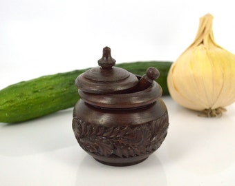 Wood carving, wooden carved salt cellar with spoon, salt box wooden, salt cellar with lid, wood kitchen canister