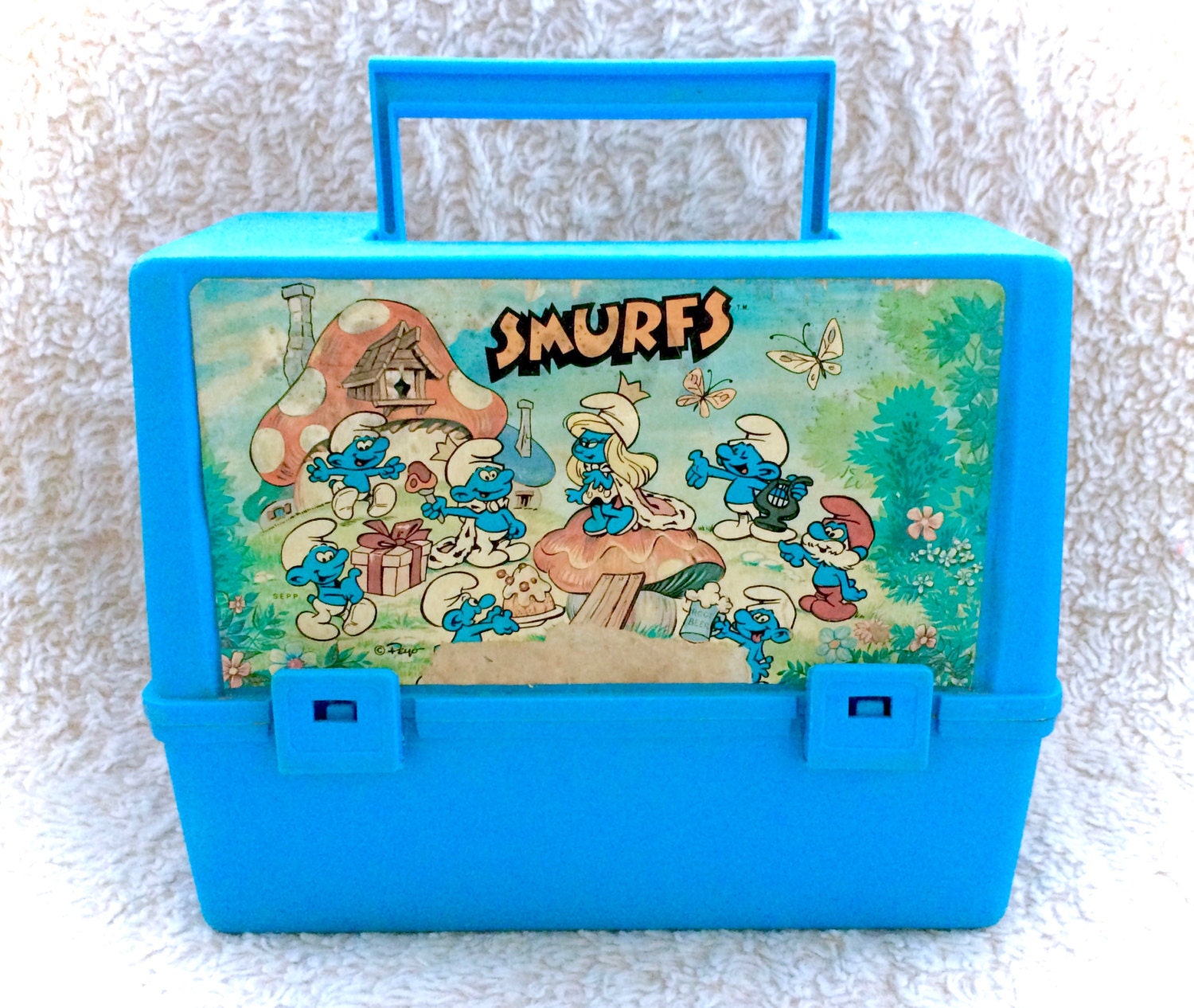 RARE Vintage Smurfs Thermos Plastic Lunch Box Canada Canadian