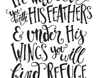 Christian Quote Printable, He Will Cover You With His Feathers hand lettered cutting files, Quote SVG, Quote clipart, Bible Verse SVG