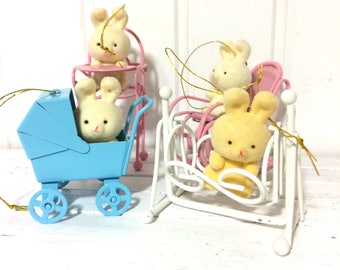 4 Vintage Flocked Bunnies and Metal Nursery Furniture