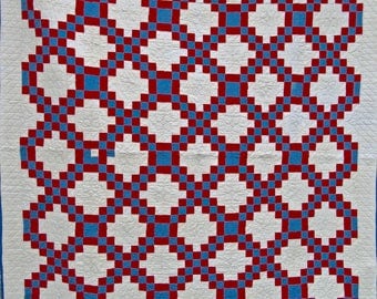 Double Irish Chain Antique Quilt in Blue and Red on White